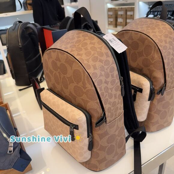 NWT Coach Men’s West Backpack In Blocked Signature Canvas CAB59 Sand/Tan - Picture 2 of 9